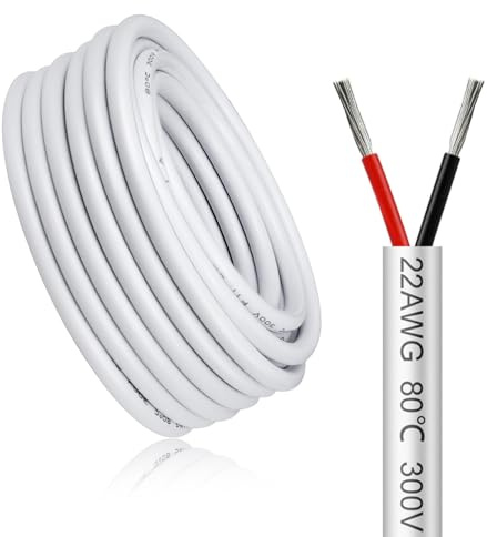 LightingWill 32.8FT/10M 22AWG 2x0.3mm² Electrical Wire 2 Core Cable, White 22 Gauge 5V/12V/24V/240V/300V Low Voltage Flexible Extension Cable, Tinned Copper Wires, High Temperature Resistant
