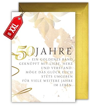 WBdesignz Grußkarte zur goldenen Hochzeit - 50 Jahre Gedicht Spruch Goldhochzeit Ehe Jubiläumskarte elegant Hochzeitsjubiläum goldener Umschlag (XXL DIN A4)