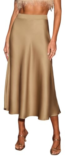 CUPSHE Jupe midi en satin pour femme Élégante jupe A-line taille haute jupe sirène légère pour le travail, soirée, tenue décontractée, champagne, L