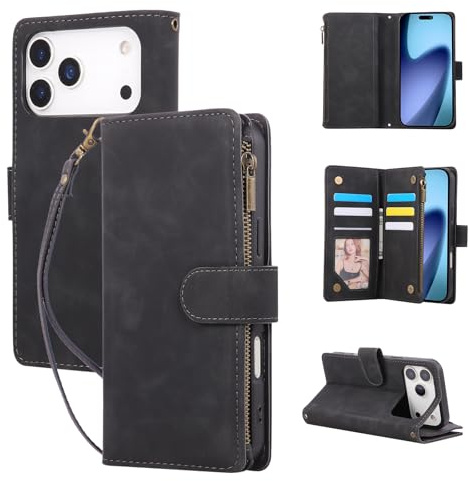 QLTYPRI for iPhone 17 Pro Max Case, Large Capacity Leather Wallet Cover 6 Card Holder and 1 Zipper Pocket Kickstand Wrist Strap Magnetic Protective Cover - Black