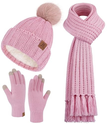 ZASFOU Damen Winter Beanie Mütze Schal Touchscreen Handschuhe Set Thermo Fleece Strickmütze Wintermütze mit Bommel Lange Schals Winterschal Winterhandschuhe Frauen Geschenk