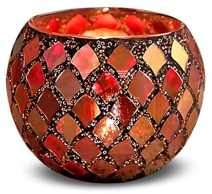 MerwDeeyt Teelichthalter Mosaik Glas Kerzenhalter, Bunte Teelichter Kerzenständer Romantischer Handgemachte Teelichtgläser für Hochzeit Party Dekoration (Rot)