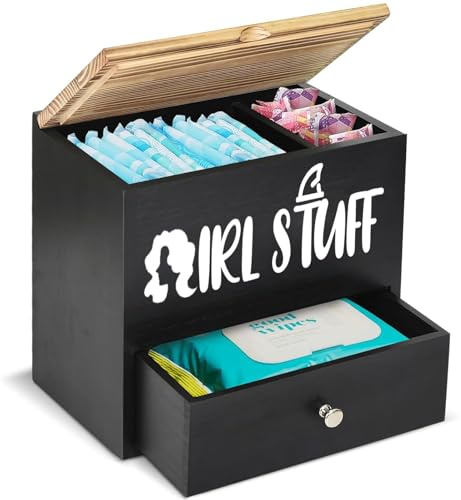 Vurlexat Holz tampon aufbewahrungsbox,Schubladendesign Box für Slipeinlagen Bad Hygieneartikel Aufbewahrung mit Schublade und 2 Fächer, tampon aufbewahrung für Mädchen, Frauen, Damen(Schwarz)