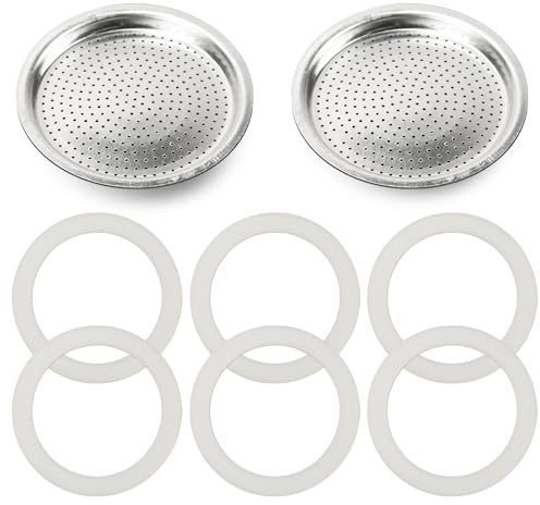 Moka Pot Spare Parts Replacement for Bialetti 3/4 Cups, Moka Pot 3 Cup Silicone Gasket and Food-grade Aluminum Filter Plate Compatible with Moka Express, Fiammetta Moka Pots, 6 Pcs Gasket and 2 Plate.
