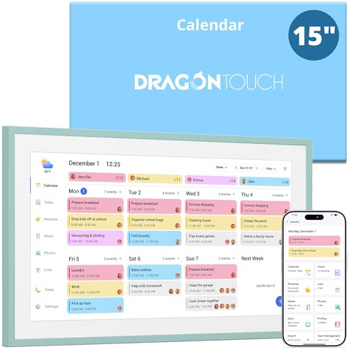 Dragon Touch 15.6 inch Digital Calendar & Chore Chart - Interactive Touchscreen Smart Family Planner,Digital Picture Frame for Mom, Women, Christmas & Weddings Green