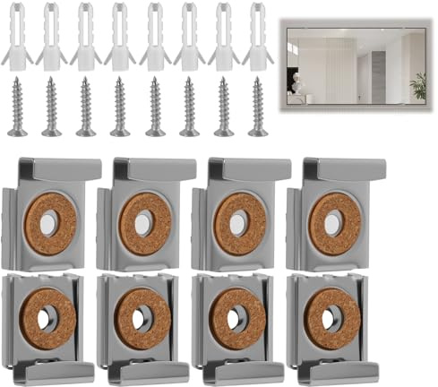 8 Stück Spiegelhalterung Wand, höhenverstellbare Spiegelaufhängung mit Federclip, stabile Spiegelbefestigung für schwere Spiegel im Badezimmer, Wohnzimmer, Flur, inkl. Schrauben und Dübel