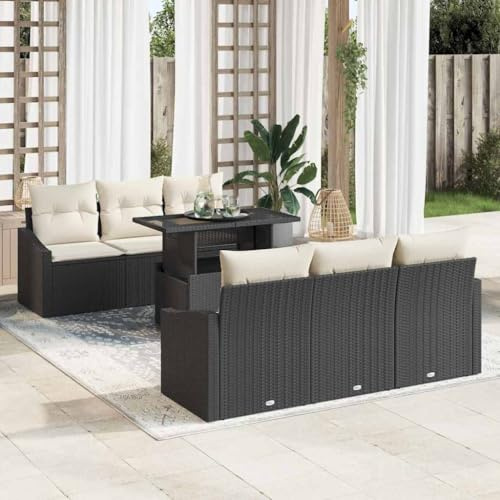 Frdhee Lounge Möbel Outdoor Eckbankgruppe,Garten-Sofa-Set 7 pcs Schwarz und Creme 100 x 55 x 73 cm,Ecksofa für Lounge,Balkon und Hinterhof