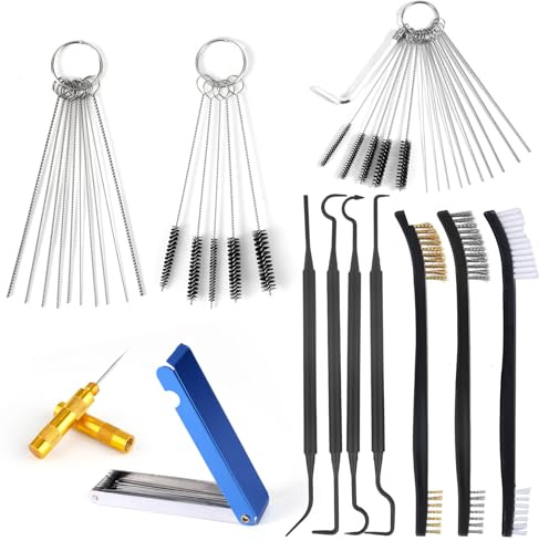Penitue Carburetor Cleaning Kit, 3 Double Head Brushes 32 Needles 10 Nylon Brushes 4 Hooks 1 Scraper 1 Wrench Small Engine Spray Jet Cleaner for Motorcycle Airbrush Throttle Body Torch Tip Carb Tools
