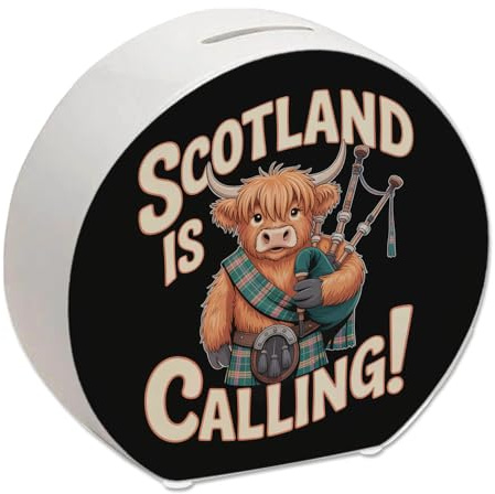 Scotland is Calling! Spardose mit Highland-Kuh-Motiv für Reiseliebhaber - lustiger Spruch für Schottland-Fans