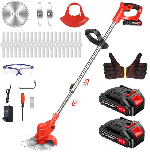Lmozim - Desbrozadora eléctrica inalámbrica, corte con batería, cortadora de césped, potente mango telescópico, 3 tipos de cuchillas, cabeza giratoria de 90 grados, con 2 pilas para jardín corto