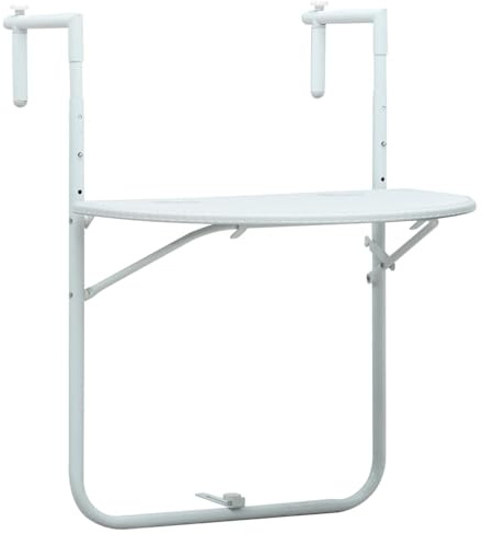 QJBSAVVA Tavolo sospeso da balcone, bianco, 60 x 64 x 83,5 cm, pieghevole, effetto rattan, in plastica e acciaio, tavolino regolabile in altezza, per ringhiere del balcone, tavolo sospeso salvaspazio
