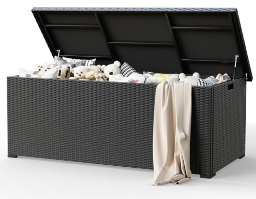Amopatio 870 Liter Gartenbox Auflagenbox wasserdicht, Kissenbox outdoor aus Polyrattan, Aufbewahrungsbox Metall mit Gasdruckfedern, Gartenkiste wetterfest für Garten, Balkon (Schwarz)