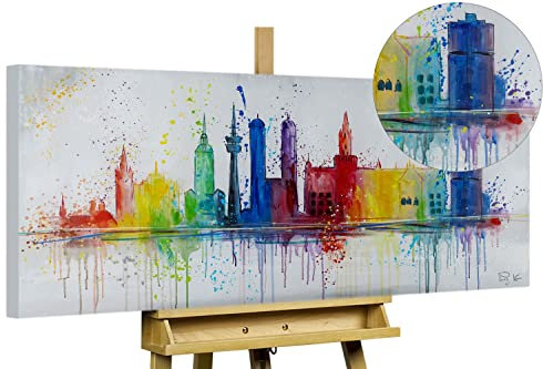 KunstLoft Leinwandbild | 100% HANDGEMALT | 120x60cm | Gemälde 'Dahoam in Bayern' | Skyline | Bunt Grau | Wandbild Wohnzimmer