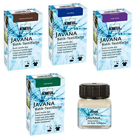 Javana Batikfarben Set 4 Plus 1, 4 Batik Textilfarben + Fixiermittel für Batik