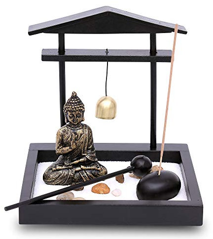 Flanacom Jardín Zen de con Figura de Buda - Jardín Japonés en Miniatura - Set de Esotherik con 3 Varillas de Incienso - Amuletos de la Suerte Budistas, Taoístas y Feng Shui (Campana)