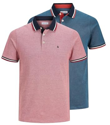 JACK & JONES Mens Jjepaulos 2pk Mp Polo Shirt, Rio Red/Denim Blue, M UK