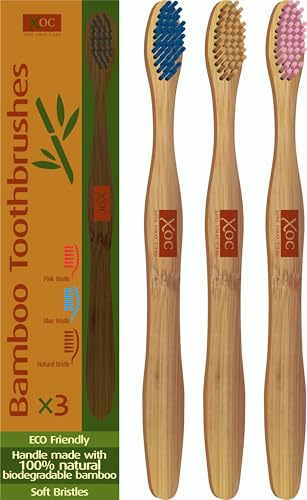 Bambus-Zahnbürste, umweltfreundlich, 3 x 100% natürlich, biologisch abbaubar, mit weichen Borsten, BPA-frei