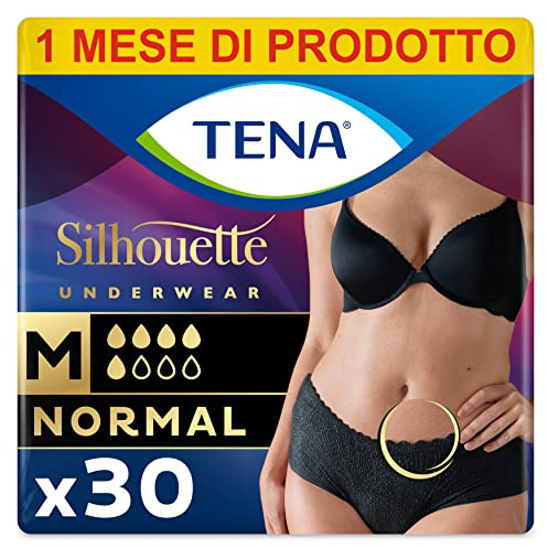 TENA Silhouette, Noir, Vita Bassa, Taglia M, 30 Mutandine, per Perdite Urinarie, Elasticizzate, Monouso, per Donna