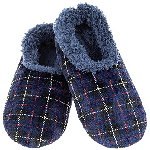 Snoozies! Velour fleecefodrade herrtofflor – supermjuka med halkfri sula – storlekar från 6–11, Marinblått Xsp, Medium