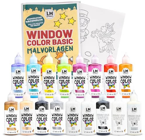 LM Window Color Set (17 x 80 ml Basic con vernice per contorno e pagine da colorare) – Pittura per finestre rimovibile a base d'acqua per superfici lisce come vetro, specchi e piastrelle