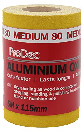 ProDec 5m Rotolo 80 Grana media Carta abrasiva gialla all'ossido di alluminio per la levigatura di legno, vernice, gesso, stucco, metallo e altro, carta abrasiva larga 115 mm