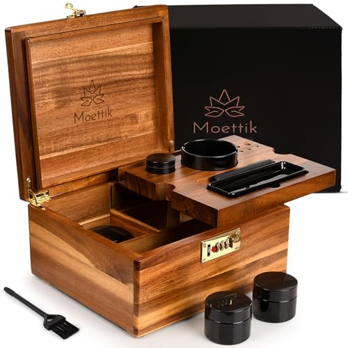 Moettik Premium Smell Proof Storage Box with Combination Lock – Handcrafted Brown Acacia Wood Storage Organizer Set with Airtight Seal, 3 Jars, Tray, Tube & Accessories – Large Decorative Gift Box
