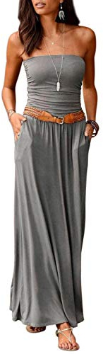 Alaster Women’s Strapless Bandeau Summer Long Floral Dress Off Shoulder Beach Maxi Dress with Pockets Grey