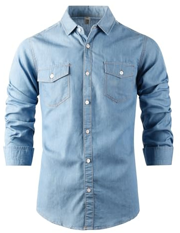 OCHENTA Men's Chambray Denim Shirt Long Sleeve Casual Top 1 Light Blue XL