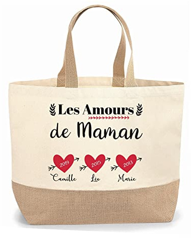 Sac cabas jute personnalisable Les amours de  maman, mamie, tata, marraine, etc Cadeau Fête des mères, fête des grands-mères anniversaire Noël, cadeau personnalisé