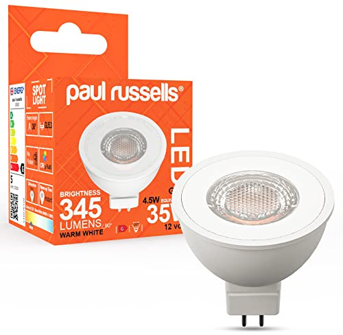 paul russells LED MR16 Bulbs – Pack of 1-35W Halogen Spotlight Equivalent, 12V Bi-Pin Base (GU5.3) - 4.5W 345lm Energy Saving Lights, 36° Wide Beam - 3000K Warm White Frosted - Non-Dimmable Lamps