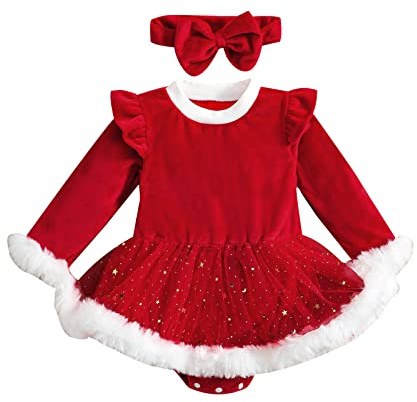 Geagodelia 2 Pezzi Completo Neonata di Natale Tutina Baby Girls Abito Rosso con Manica Lunga+ Fascia con Fiocco Abito Natalizio per Bambina 0-24 Mesi (Rosso A, 0-6 Mesi)