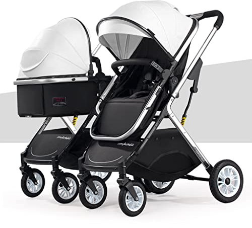 Dubbel paraplyvagn, Carriola Doble Para Bebe Y Nino, Småbarnsvagn, Tvillingvagn/delad Höglandskap Lättviktsfällbar stötdämpare Sitt och stå (Färg: Vit)