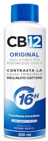 CB12 Collutorio Quotidiano, Senza Alcool, Combatte Alito Cattivo, Effetto 12 Ore, con Fluoruro, Senza Alcool, 500 ml