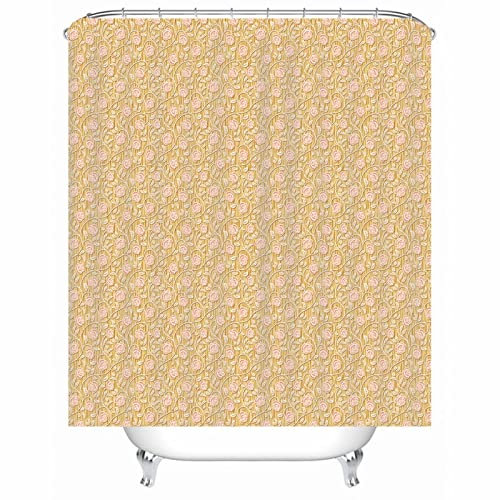 EHOMERY Duschvorhangklammer Duschrollo Badewanne Ohne Bohren Blumen Polyester Beige Rostfreie Ösen Und 12 Hakenringe, 180X180Cm