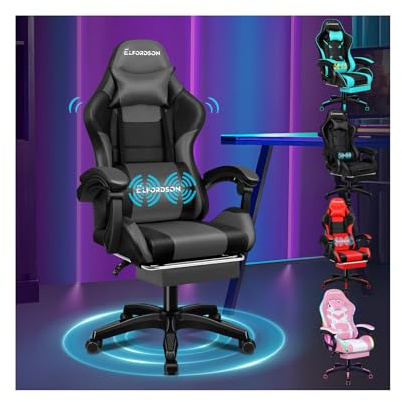 ELFORDSON 2-point Massage Gaming Chair with XL Lumbar Cushion Headrest Footrest, Comfy Computer Office Chairs Tall Back Heavy Duty for Home Office, Grey and Black