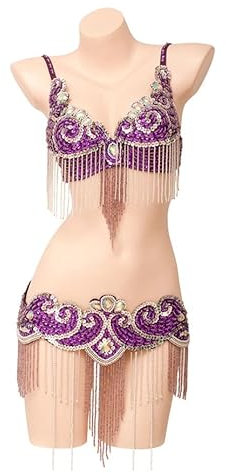JRUIA Bauchtanz Kostüm Für Damen Sexy Tribal BH Gürtel Set BH Top Professionelles Karnevals Tanzanzug Outfit Festival Performance Set (2 Stück) Strass,Lila,M