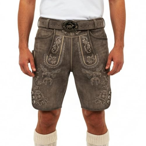 Royal Trachten Lederhose Wildbock Lederhosen Bayerische Lederhose Oktoberfest Lederhose Herren Trachten kurz Lederhose mit Adler Trachten Gürtel Größe 46-64 (DE/NL/SE/PL, Numerisch, 52, Regular, Kurz)