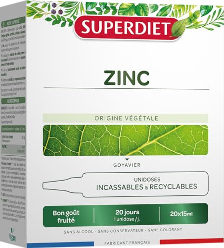 SUPERDIET - ZINC D'ORIGINE VÉGÉTALE - Peau, Cheveux, Ongles, Immunité - Fabrication française - 20 unidoses format nomade