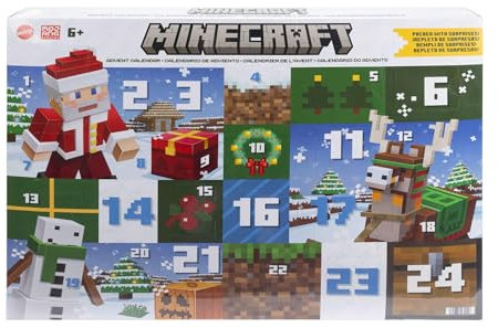 Mattel Minecraft Advent Calendar, 3 3.25-in Scale Action Figures including Santa, 17 Accessories & 4 Stickers, Pixelated Design, HXM86