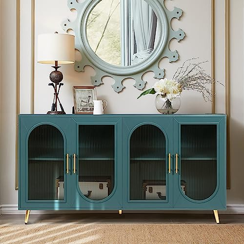 Daxue 60” Blue Console Table with Glass Doors and Cabinet Sofa Table Wood Sideboard with Adjustable Shelves, Farmhouse Accent Table for Entryway Living Room Hallway Kitchen Storage Cabinets, Teal Blue