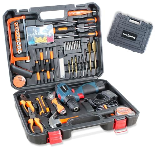 FISHTEC Werkzeugkoffer All in 1 – 108 Werkzeuge und Zubehör – 1 Bohrer/Akkuschrauber/Akkuschrauber – Akku 12 V – Ladegerät – Hammer, Schraubenschlüssel, Schraubendreher, Säge, Wälder, Cutter,..