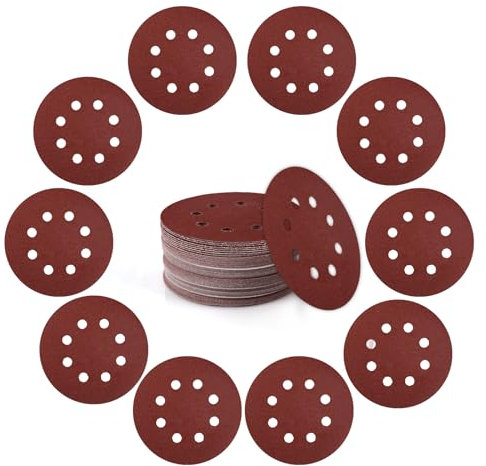 125mm Sanding Discs 8-Holes Aluminum Oxide Sandpaper for Woodworking with Hook and Loop for Random Orbital Sander 150 Grit, 50-Pack