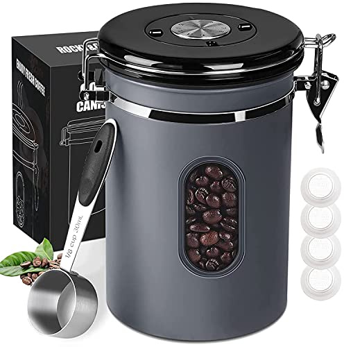 1500ML Airtight Coffee Canister with Date Tracker and Transparent Window, 18OZ Coffe Beans Storage with 30ML Measure Spoon&4 co2 Valve, Coffee Container for Grounds Coffee, Beans, Tea, Sugar, Flour
