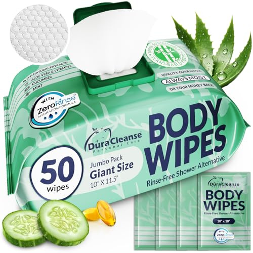 Body Wipes for Women, Extra Moist No Rinse Bathing Wipes-50 XL Shower Cloths + 4 Travel Size Bath Sheets -10x11.5 After Gym & Post Workout Deodorant, Disposable Washcloths, Womens Hygiene Essentials