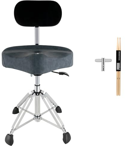 ROWELL Drum Thrones with Backrest Hydraulic Drum Stool Height Adjustable Air Lift Drum Thrones 4 Legs Heavy Duty Drum Seat 4.3 Thick Padded Drum Chair Drum Stool for Drummer, Guitar Player (Blue)