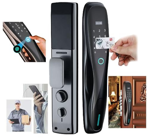 PLABNK Digital Door Lock(5-In-1), Automatic Fingerprint Smart Lock, Tuya APP/Remote Control, Emergency Battery + Low Battery Alarm, Anti-Peeping,Grey