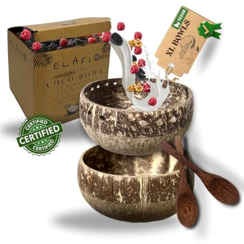 ELAFI® Uppsättning av 2 kokosskålar XL | Hållbara stora Buddhaskålar inkl. 2 bambuskedar | Vegansk kokosnötskålar för din acai-skål | Müsliskål 100 % naturlig produkt | Plastfritt matcha-set