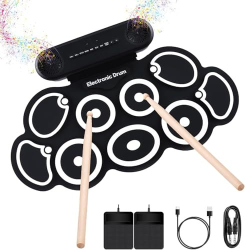 Schlagzeug Elektronisch, 9 Pads Rolling Electric Drum Pad Kits Machine Mit KopfhöReranschluss, 10 Stunden Spielzeit, 2 Eingebaute Lautsprecher, Pedal Mit Drum Sticks für AnfäNger, Kinder, Schwarz