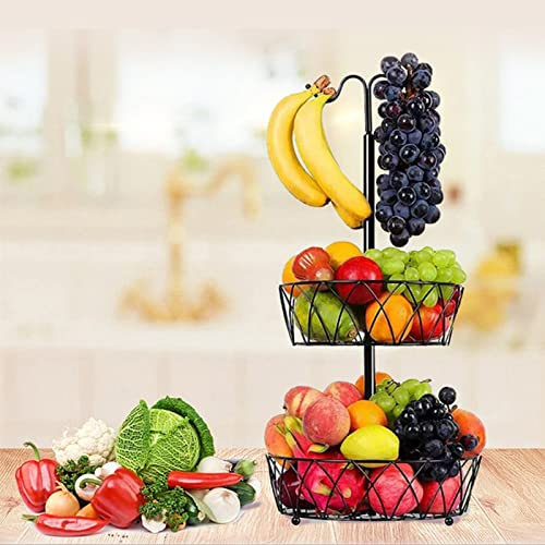 2 Tier Fruit Basket with Banana Hanger - Countertop Organizer Fruit Vegetable and Snack Storage Metal Wire Bowl for Kitchen Living Room Bathroom (A)