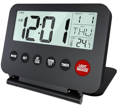 MMOBIEL Reisewecker Klappbar Digital Batteriebetrieben Tragbarer Wecker für Reisen - Digitale Uhr, Wecker, Timer, Schlummern, Datum, Temperatur, Hintergrundbeleuchtung (Ohne Batterien) - Schwarz
